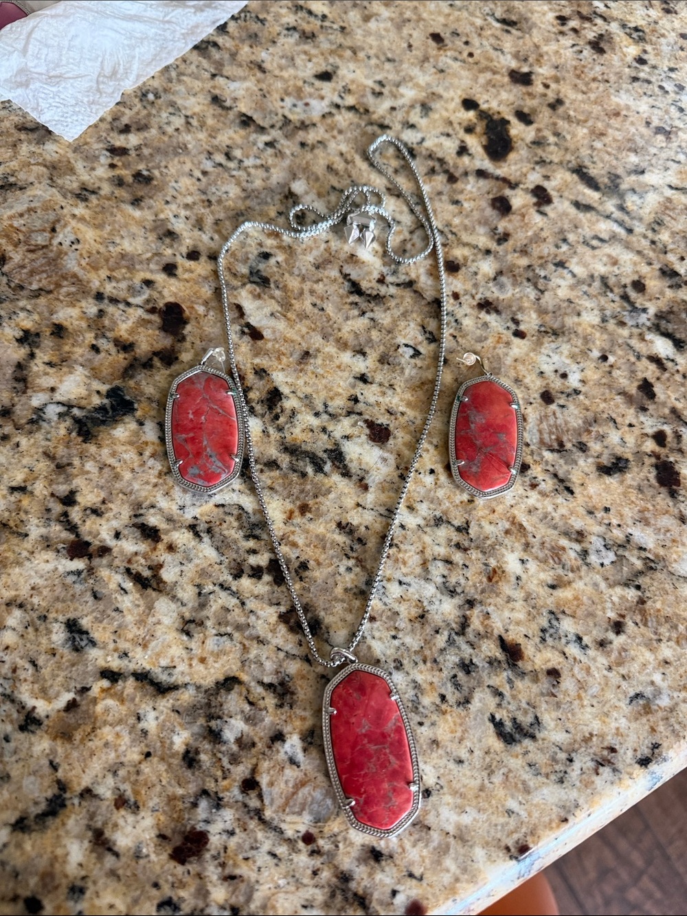 Kendra Scott Red Stone Pendant Necklace and Earrings - Silver-Tone